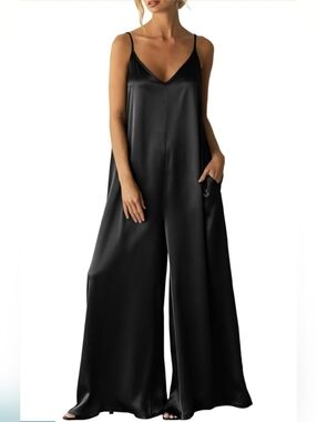 NWT Black Satin Wide Leg Jumpsuit XL Flowy Spaghetti Strap Chic On Trend